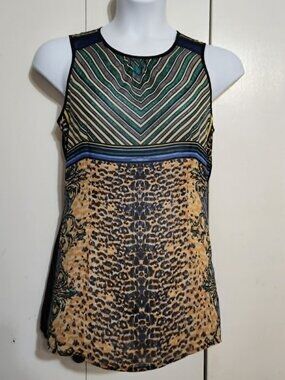 CAbi Buchanan Top S Sleeveless Mixed Media Leopard Chevron Print Sheer Back 565